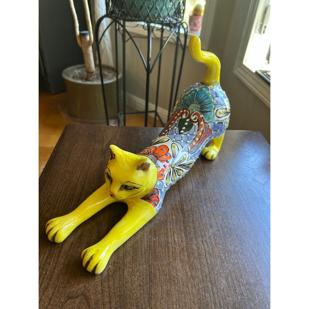 Hand Painted Mexican Talavera Stretching Cat yellow 13”